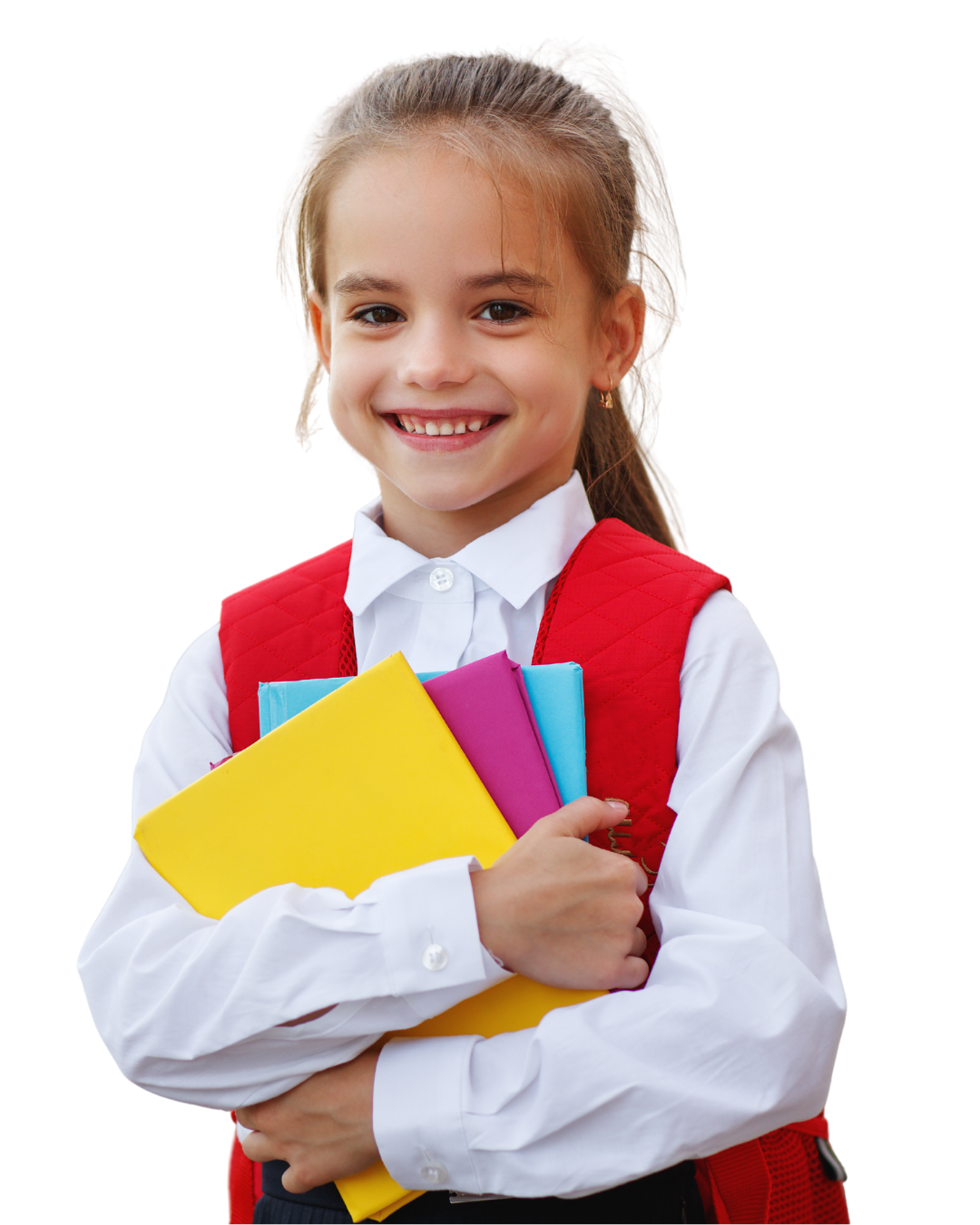 Alumna de Kinder Simba sonriendo con cuadernos de colores